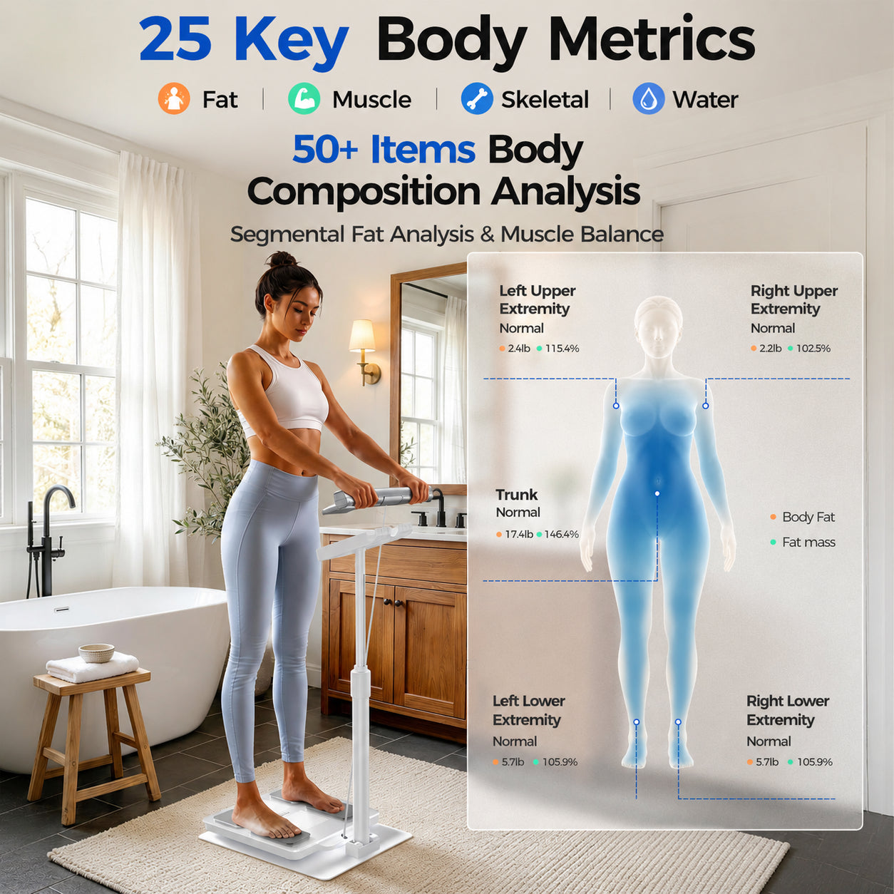 A woman measuring her body composition on a body fat scale