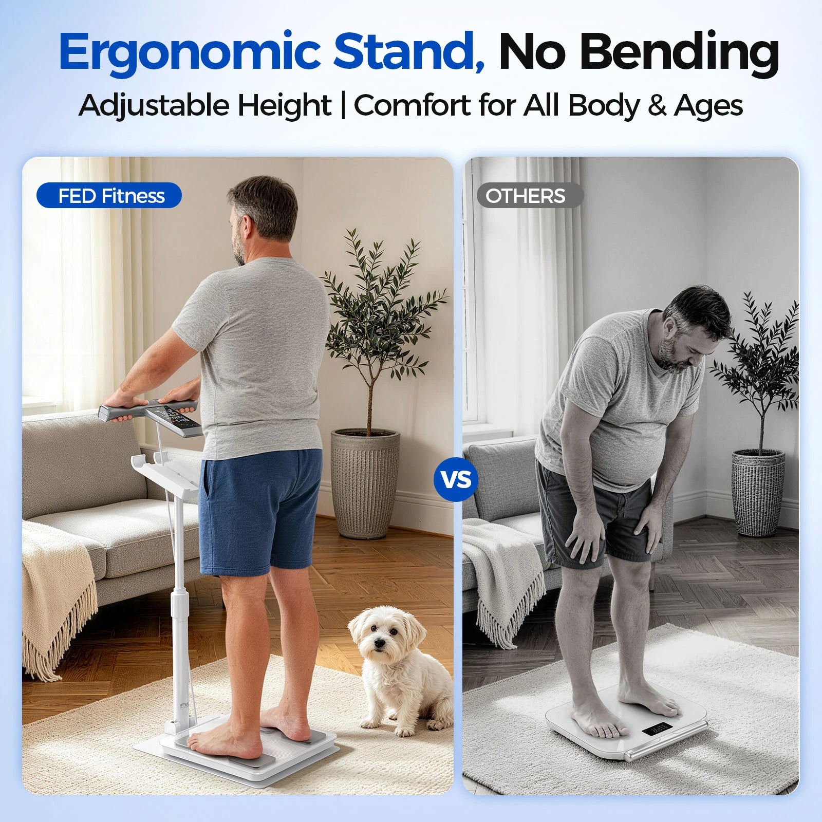 A person with abdominal obesity stands comfortably on a smart body composition scale, easily viewing their body metrics, contrasted with the difficulty of bending down to read the display.