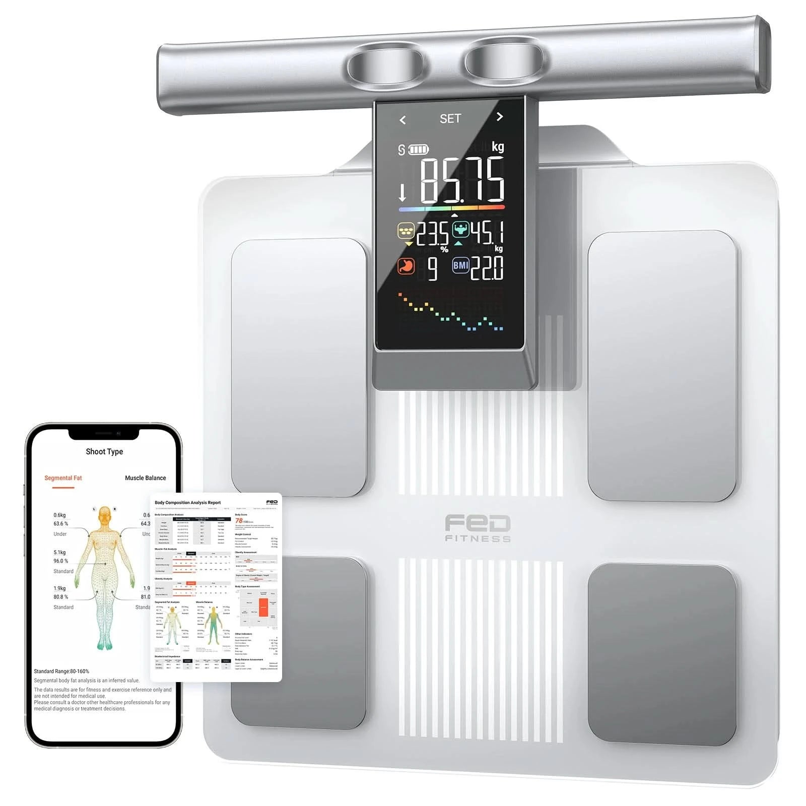FED Fitness BS1 eight-electrode smart body composition scale with handheld sensor display