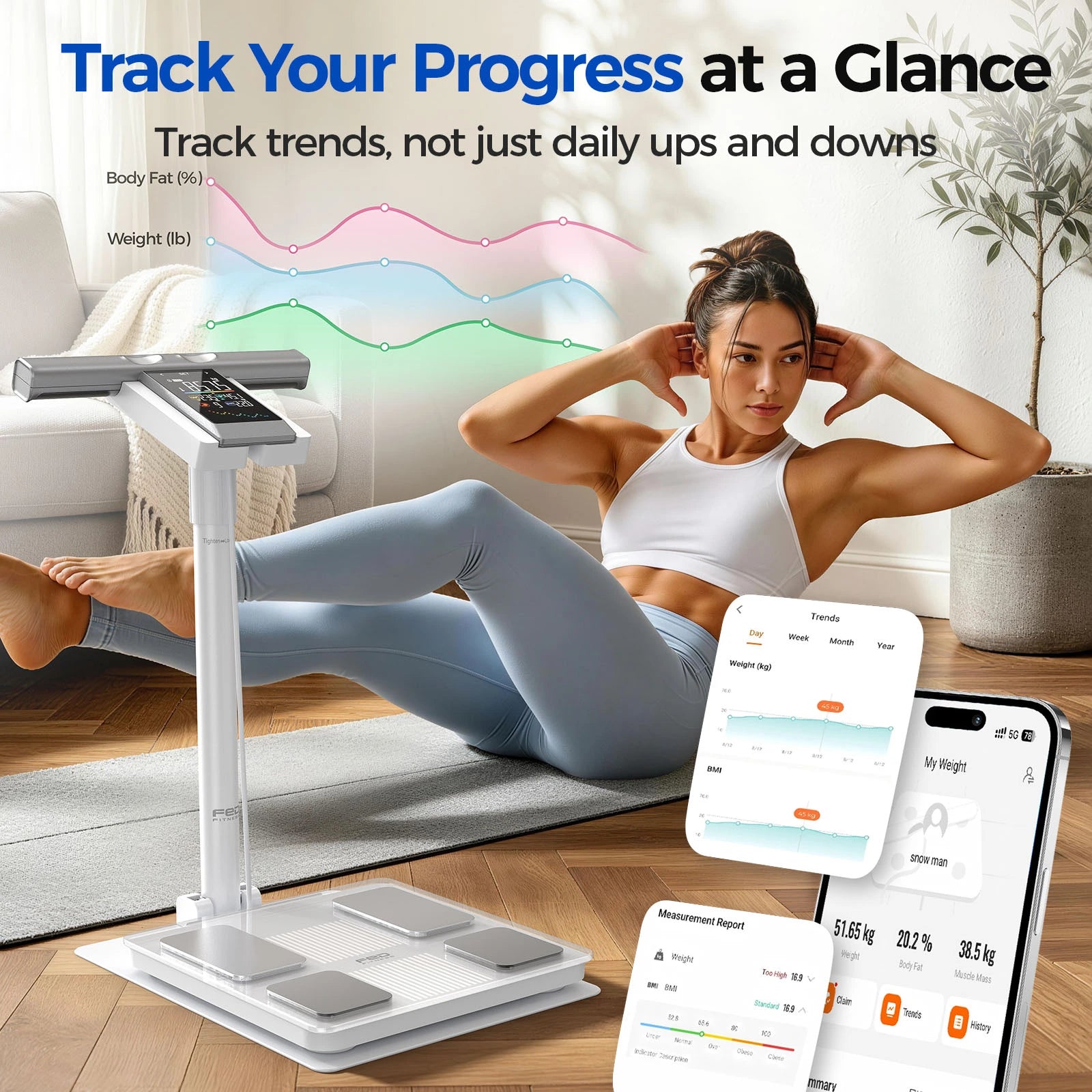 A woman working out on a yoga mat with a body fat scale beside her.