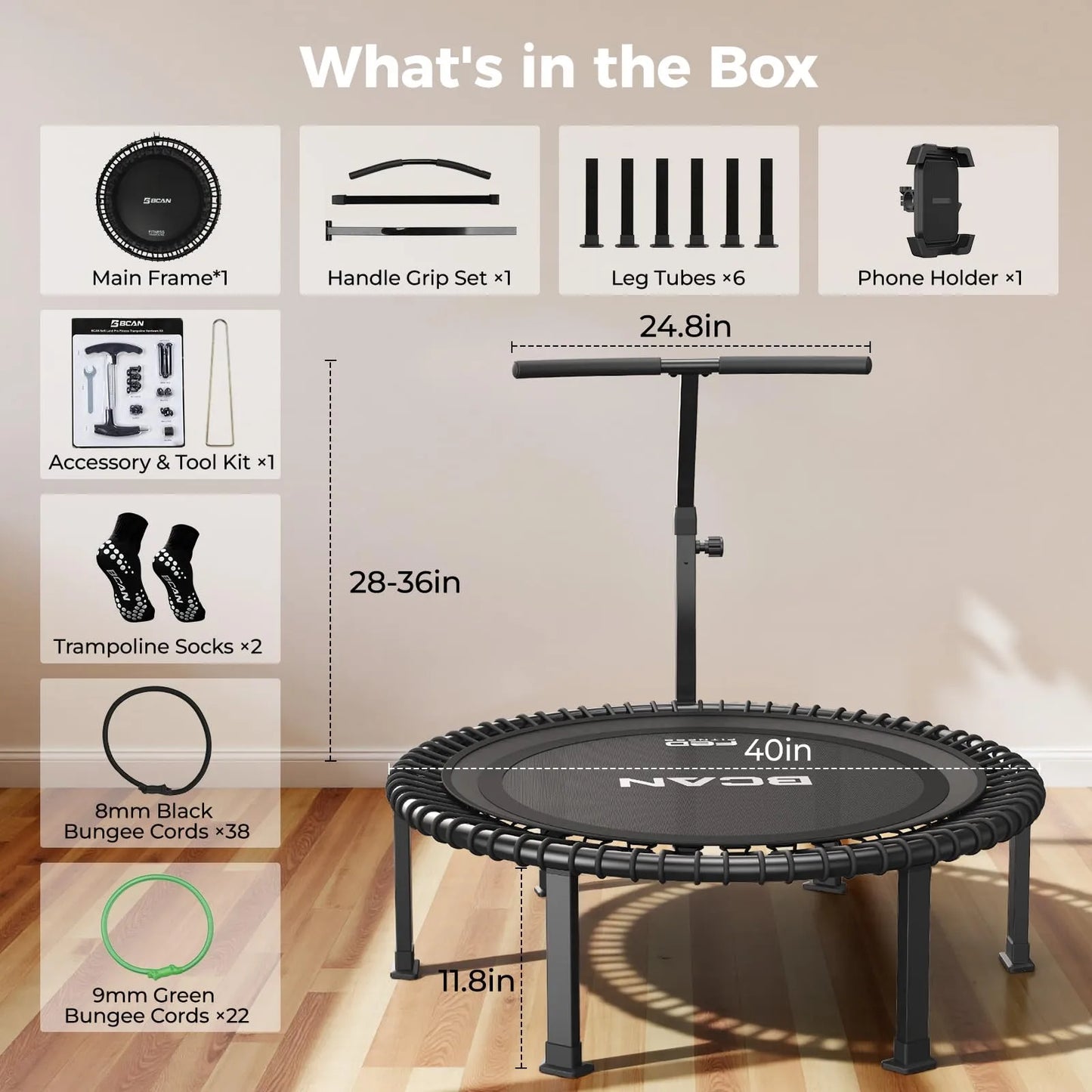 FED Fitness Bcan Series BT4 Soft Land Pro Adult Bungee Trampoline with Bungees Pre-Assembled