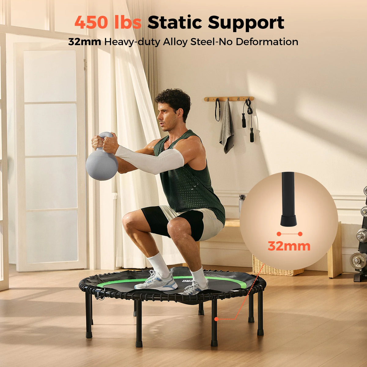 FED Fitness BT2 foldable adult mini bungee trampoline with 450 lbs static support and 32mm heavy-duty alloy steel legs, tested with weighted squats.