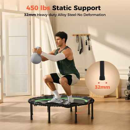 FED Fitness BT2 foldable adult mini bungee trampoline with 450 lbs static support and 32mm heavy-duty alloy steel legs, tested with weighted squats.