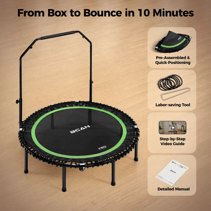 FED Fitness Bcan Series BT2 foldable adult mini bungee trampoline with handlebar, shown with pre-assembled foldable frame, bungee installation tool, detailed manual, and step-by-step video guide for setup in about 10 minutes.