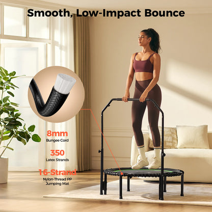 FED Fitness BT2 adult mini bungee trampoline with handlebar, 8 mm 350-strand latex bungee cords, and reinforced 16-strand jumping mat for smooth low-impact bounce.