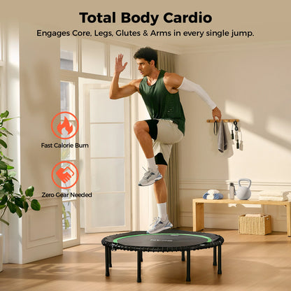 Man performing high-knee jumps on the FED Fitness Bcan Series BT2 foldable adult mini bungee trampoline during a total-body cardio workout that engages the core, legs, glutes, and arms.