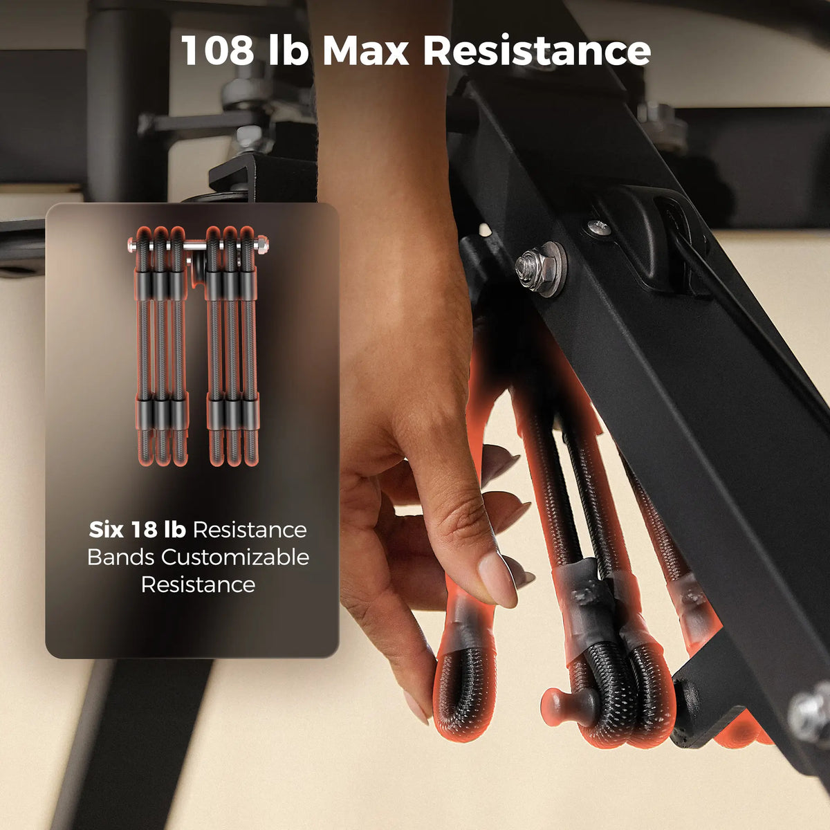 FED Fitness Flybird Series HA1-Close-up of a hand adjusting black resistance bands with orange-red ends attached to a fitness machine. Text reads '108 lb Max Resistance,' and an inset shows six adjustable resistance bands.