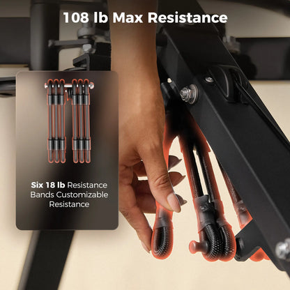 FED Fitness Flybird Series HA1-Close-up of a hand adjusting black resistance bands with orange-red ends attached to a fitness machine. Text reads '108 lb Max Resistance,' and an inset shows six adjustable resistance bands.