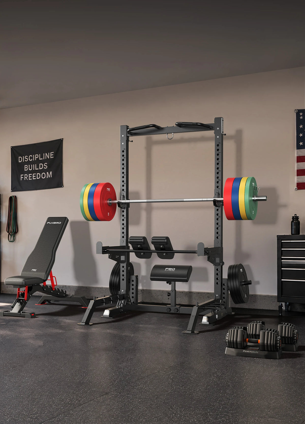 FED Fitness home gym setup in a garage with SR2 All-in-One Squat Rack, WB7 Adjustable Utility Weight Bench, DB1 Quick Adjustable Dumbbell 52.5LBS, BA1 Training Bar and 2-Inch Olympic Bumper Plates.
