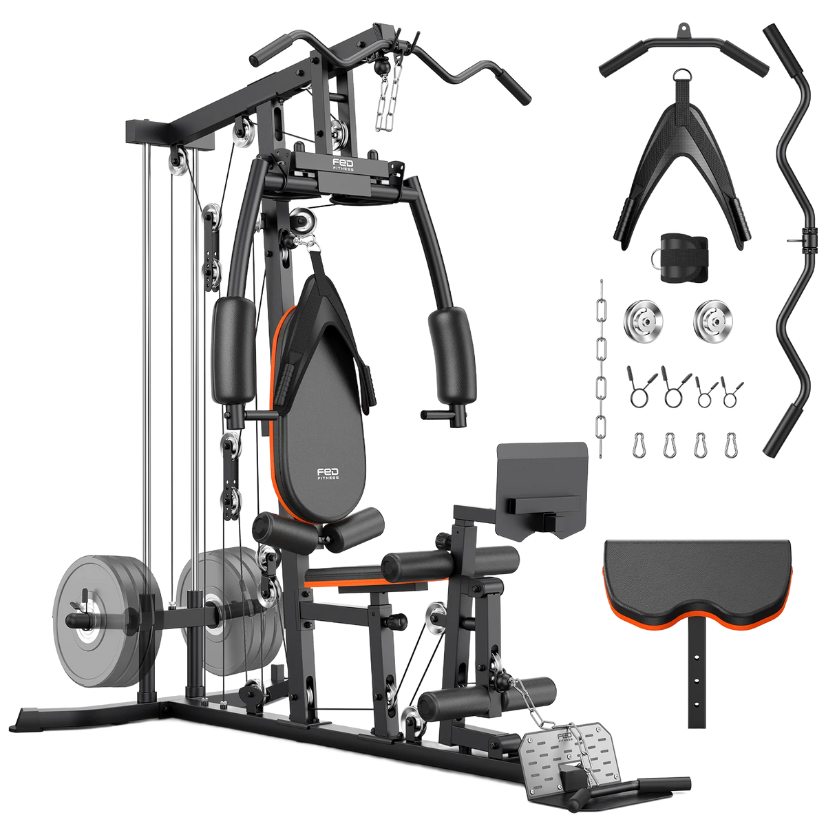 A multi-functional home gym cable machine with a weight bench, shown with various accessories including a barbell, weight plates, cable pulley system, and straps on a clean white background.
