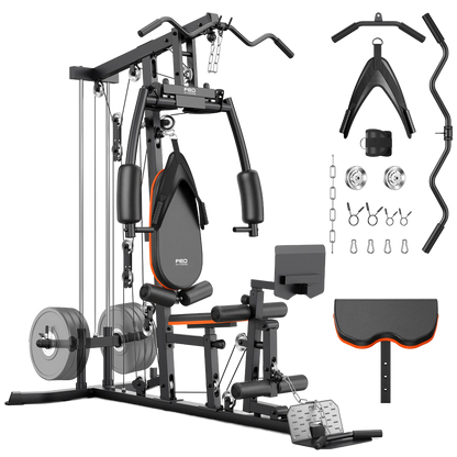 A multi-functional home gym cable machine with a weight bench, shown with various accessories including a barbell, weight plates, cable pulley system, and straps on a clean white background.