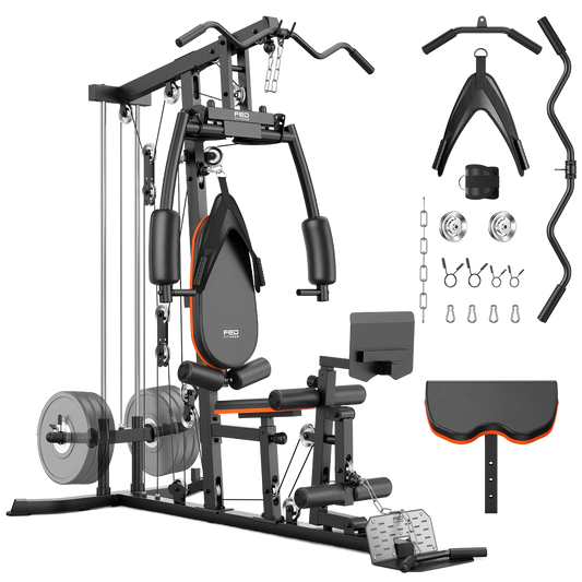 A multi-functional home gym cable machine with a weight bench, shown with various accessories including a barbell, weight plates, cable pulley system, and straps on a clean white background.