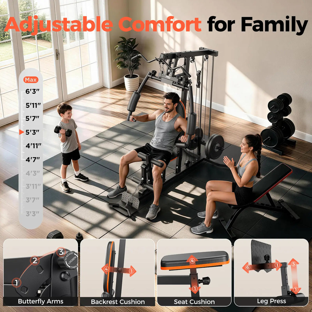 A multi-functional home gym strength machine shown in a bright home gym with a man, woman, and child demonstrating its adjustable features. The image includes text overlays highlighting adjustable comfort and a vertical size guide, with four feature close-up panels at the bottom showing butterfly arms, backrest cushion, seat cushion, and leg press.
