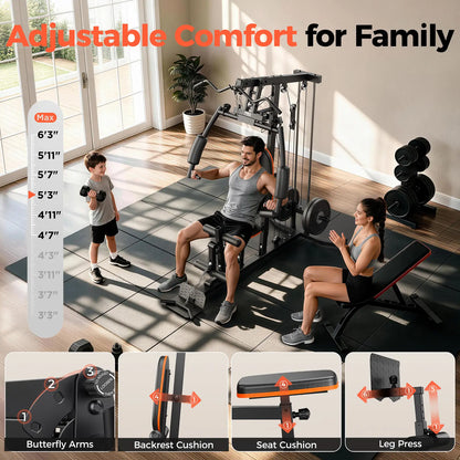 A multi-functional home gym strength machine shown in a bright home gym with a man, woman, and child demonstrating its adjustable features. The image includes text overlays highlighting adjustable comfort and a vertical size guide, with four feature close-up panels at the bottom showing butterfly arms, backrest cushion, seat cushion, and leg press.