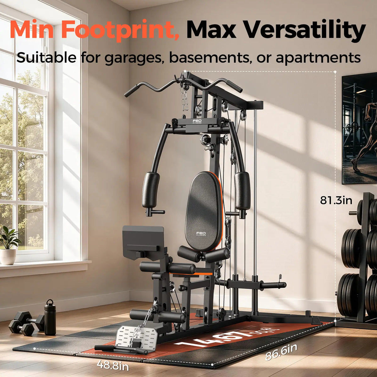A large home gym multi-functional strength training machine with a seat, pull-up bar, and cable system, shown in a room with text overlays detailing its dimensions and features.