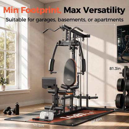 A large home gym multi-functional strength training machine with a seat, pull-up bar, and cable system, shown in a room with text overlays detailing its dimensions and features.
