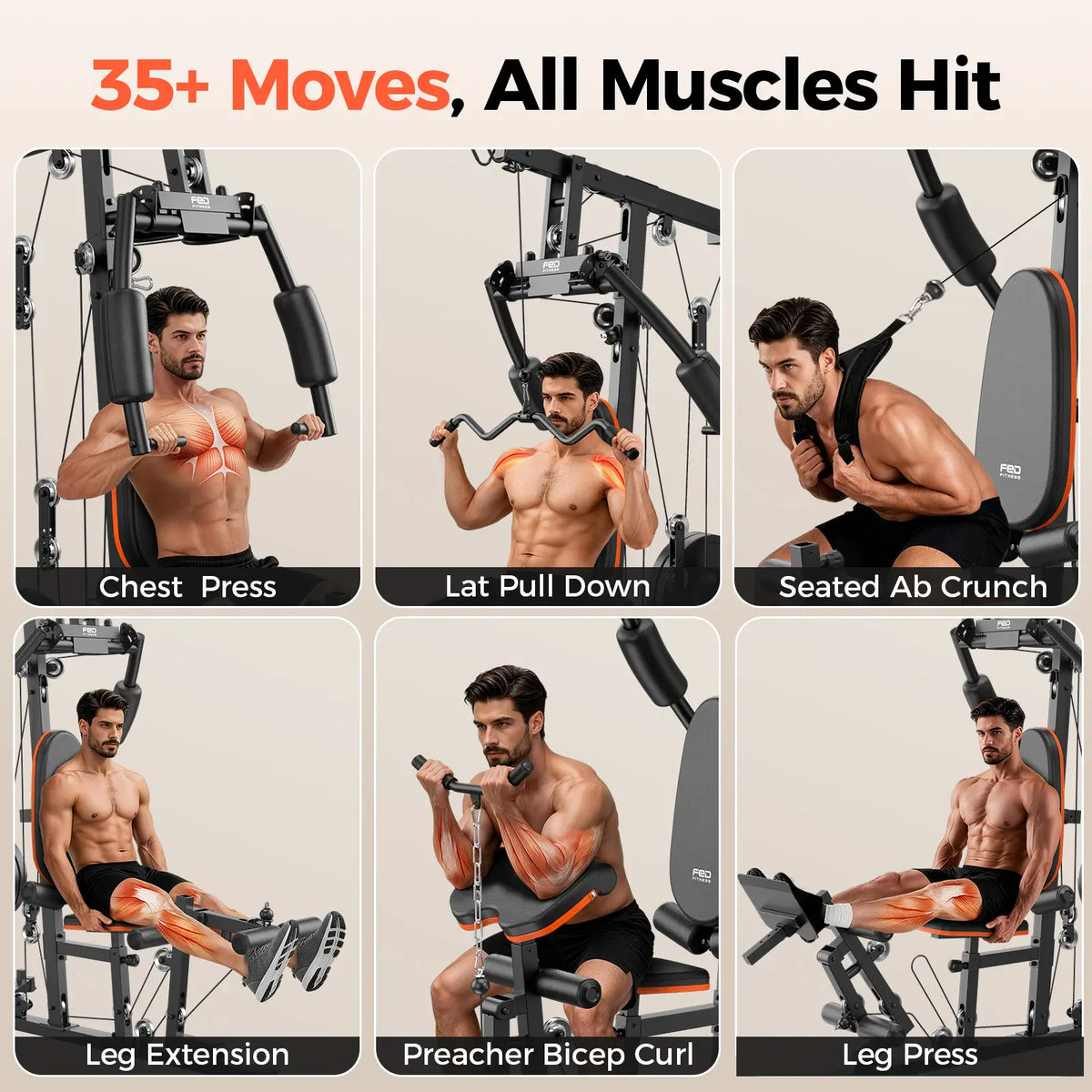 A fitness home gym multi-functional exercise machine shown in a 6-panel instructional layout with a male model demonstrating chest press, lat pull down, seated ab crunch, leg extension, preacher bicep curl, and leg press. The top text reads '35+ Moves, All Muscles Hit'.