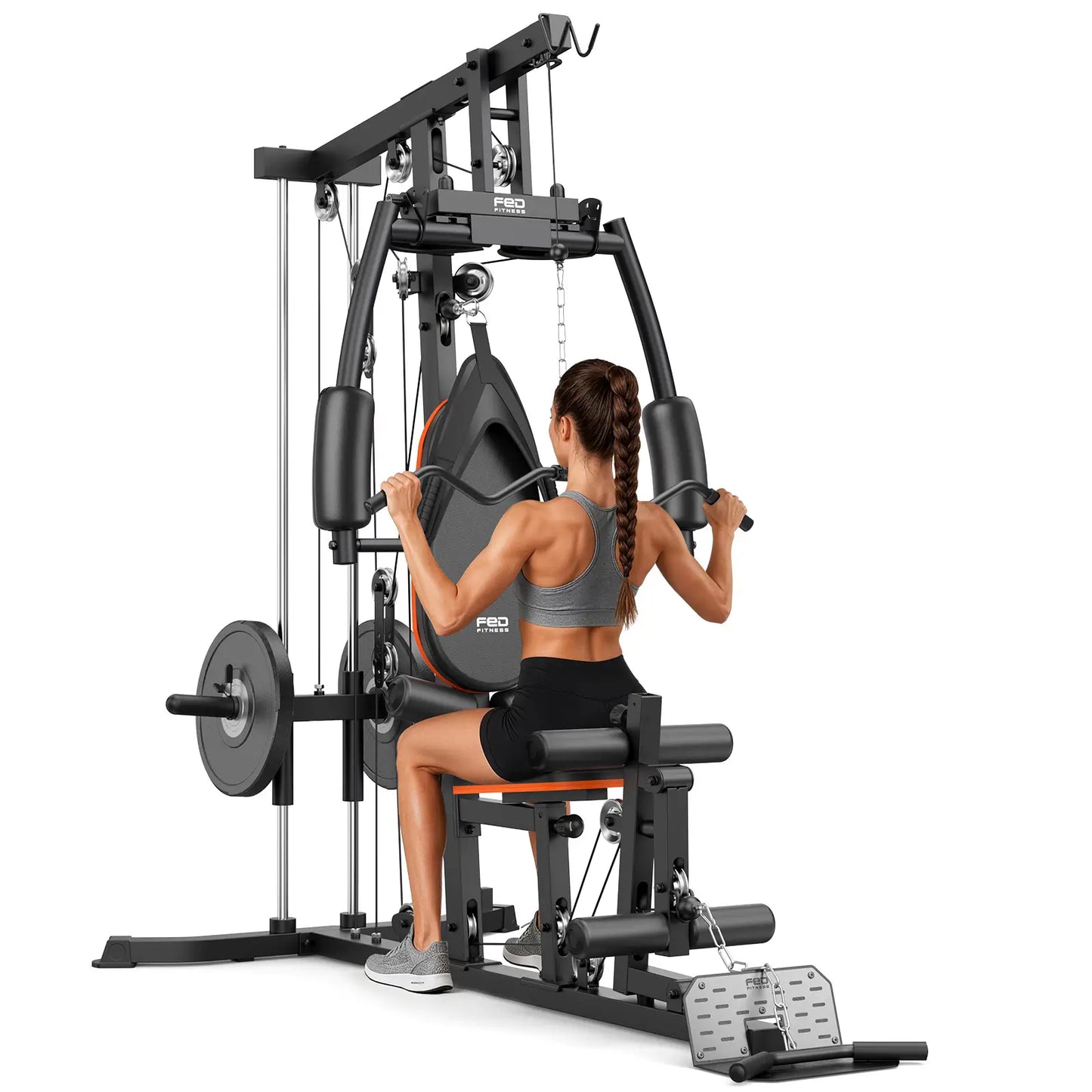 A woman is shown from behind using a Pro Fitness multi-functional home gym machine, specifically performing a seated cable lateral raise. The machine is primarily black with gray and orange accents, set against a solid white background.