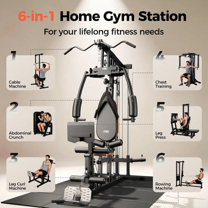 A 6-in-1 home gym station shown in a promotional infographic with six labeled exercise demo panels around the main machine. The central product is a dark gray and black multi-functional gym setup on a black floor mat, with text reading '6-in-1 Home Gym Station' and 'For your lifelong fitness needs.