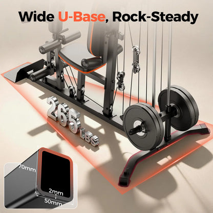 A cable crossover exercise machine with a wide U-shaped base, shown on a beige studio background with promotional text reading 'Wide U-Base, Rock-Steady' and a small inset showing base dimensions.