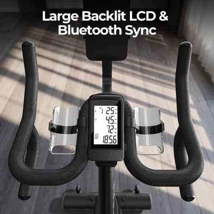 Large backlit LCD console on the FED Fitness Yosuda EB3C indoor exercise bike, displaying real-time workout data with Bluetooth app sync.