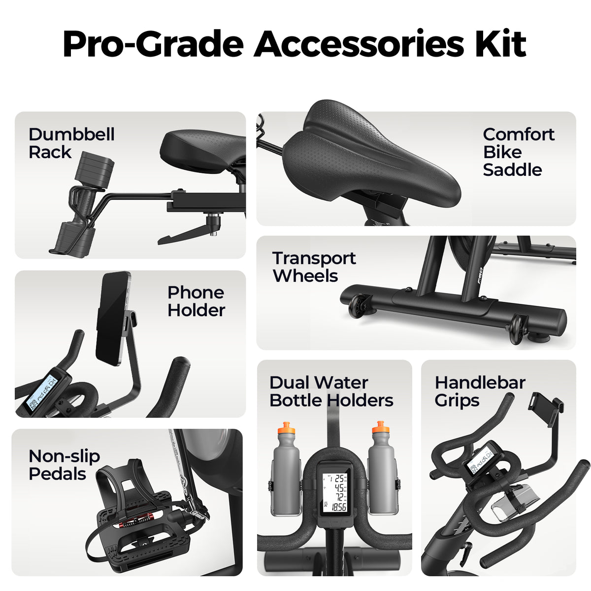 Pro-grade accessories kit for the FED Fitness Yosuda indoor exercise bike, featuring a dumbbell rack, comfort bike saddle, transport wheels, phone holder, dual water bottle holders, non-slip pedals, and ergonomic handlebar grips.