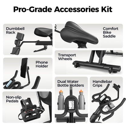 Pro-grade accessories kit for the FED Fitness Yosuda indoor exercise bike, featuring a dumbbell rack, comfort bike saddle, transport wheels, phone holder, dual water bottle holders, non-slip pedals, and ergonomic handlebar grips.