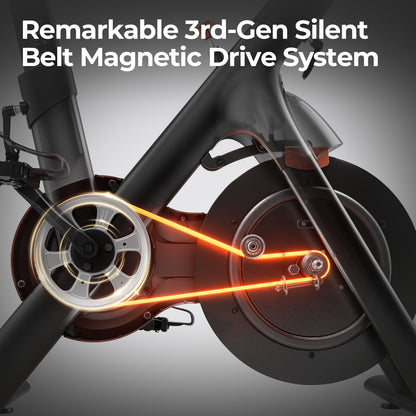 Close-up of FED Fitness Yosuda series EB3C indoor exercise bike frame with a highlighted magnetic drive system and chain drive.