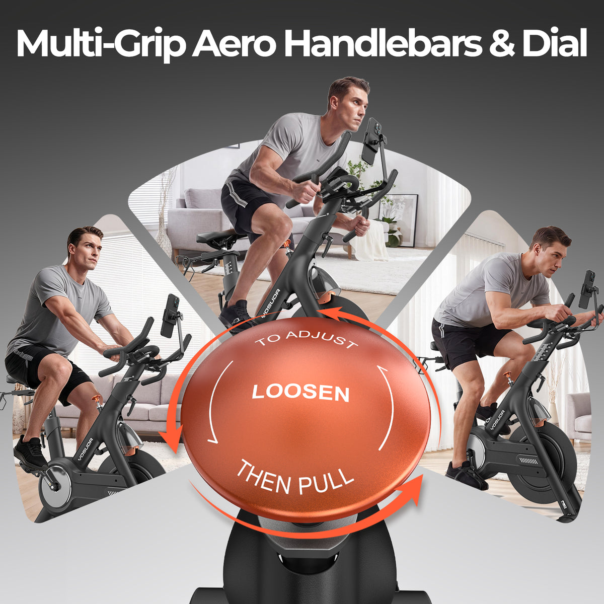 Man riding the FED Fitness Yosuda series EB3C indoor exercise bike in three different grip positions, with a dial for resistance adjustment.