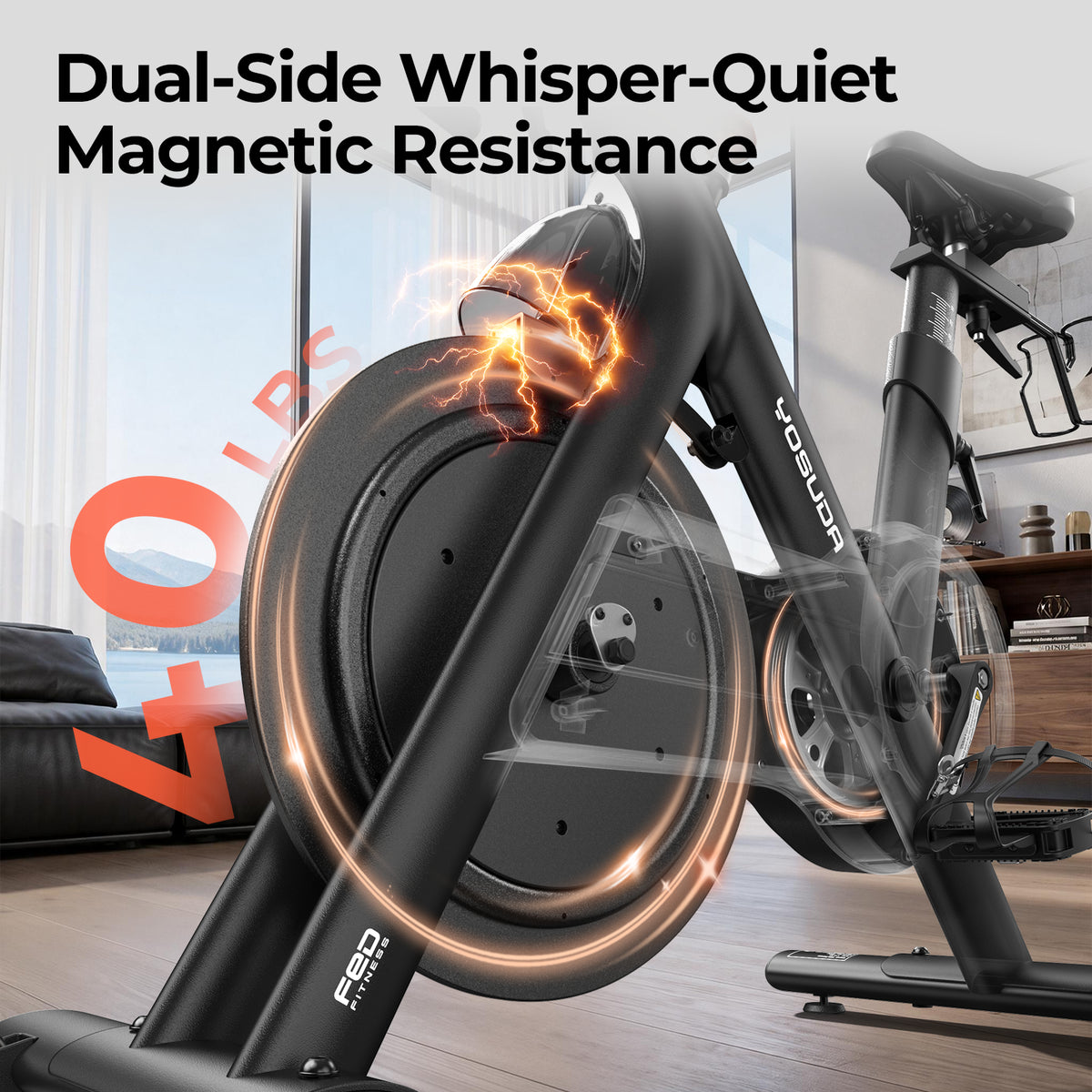 The FED Fitness Yosuda series EB3C indoor exercise bike shown in a home interior with dual-side whisper-quiet magnetic resistance and a 40 lb flywheel.