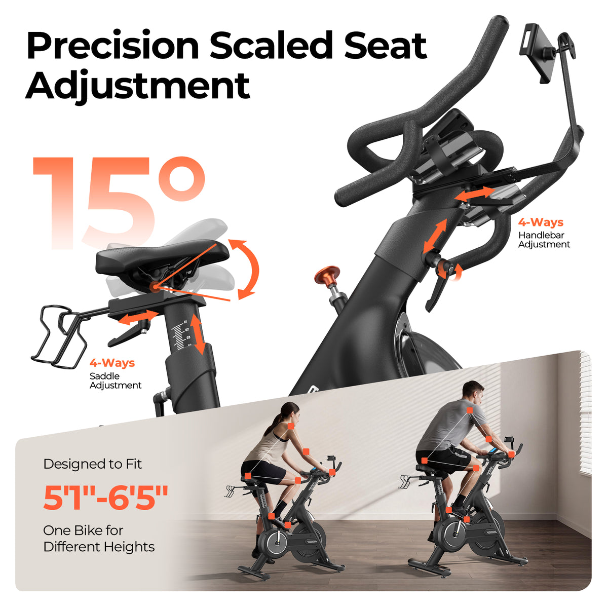 FED Fitness Yosuda EB3C indoor exercise bike with precision scaled seat adjustment, featuring 15° saddle tilt, 4-way saddle and handlebar adjustment, and designed to fit riders from 5'1" to 6'5" tall.