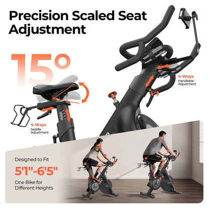 FED Fitness Yosuda EB3C indoor exercise bike with precision scaled seat adjustment, featuring 15° saddle tilt, 4-way saddle and handlebar adjustment, and designed to fit riders from 5'1" to 6'5" tall.