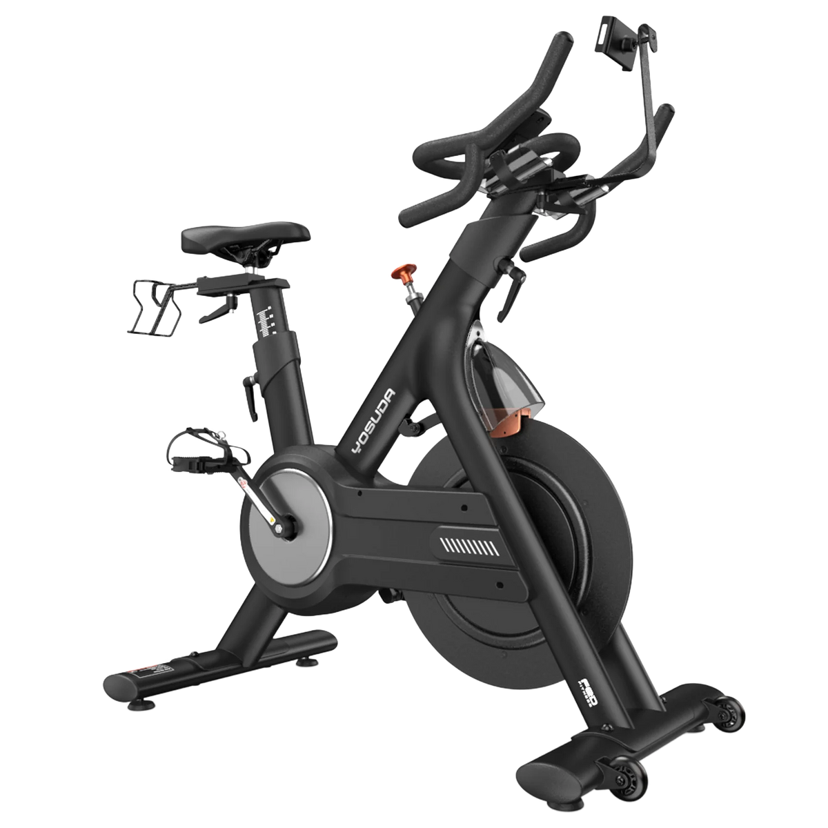 The FED Fitness Yosuda series EB3C indoor exercise bike features a black frame, a silver flywheel cover, and an orange resistance knob.