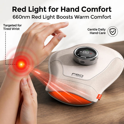 F2D hand warmer device with a digital display, shown resting on a wooden table next to a hand emitting red light waves toward the wrist, with marketing text overlays.
