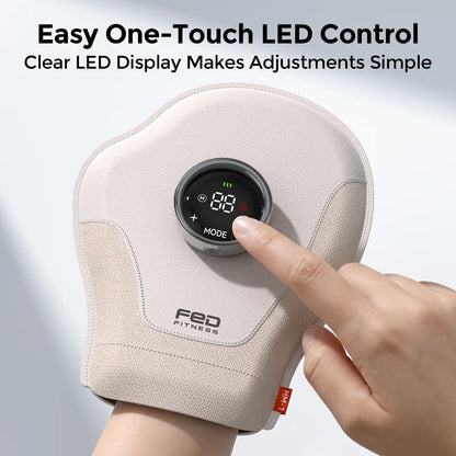 A beige wrist wrap fitness device with a central digital display being touched by a finger, shown on a person's wrist against a light background with promotional text at the top.