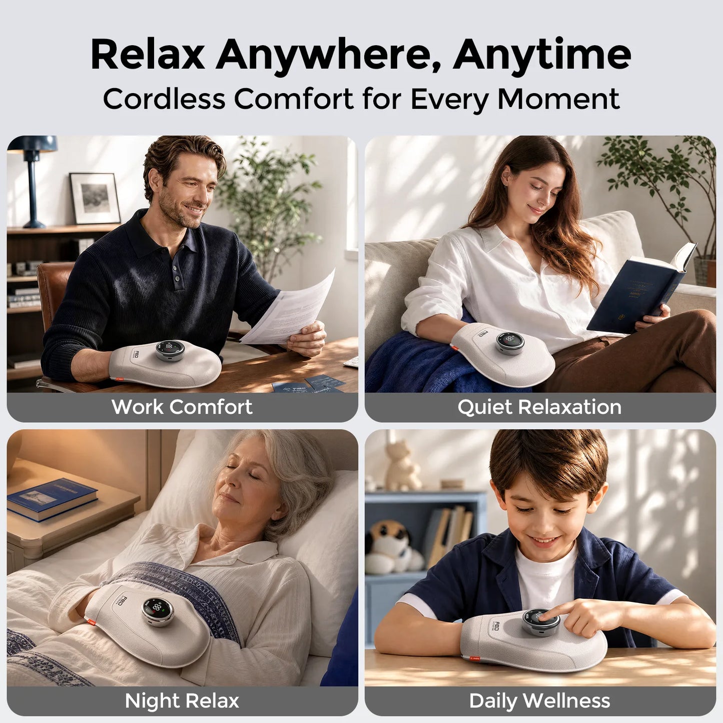 A promotional collage with the headline 'Relax Anywhere, Anytime' and four lifestyle panels showing a cordless comfort device worn around the waist/abdomen in different use cases: work comfort, quiet relaxation, night relax, and daily wellness.
