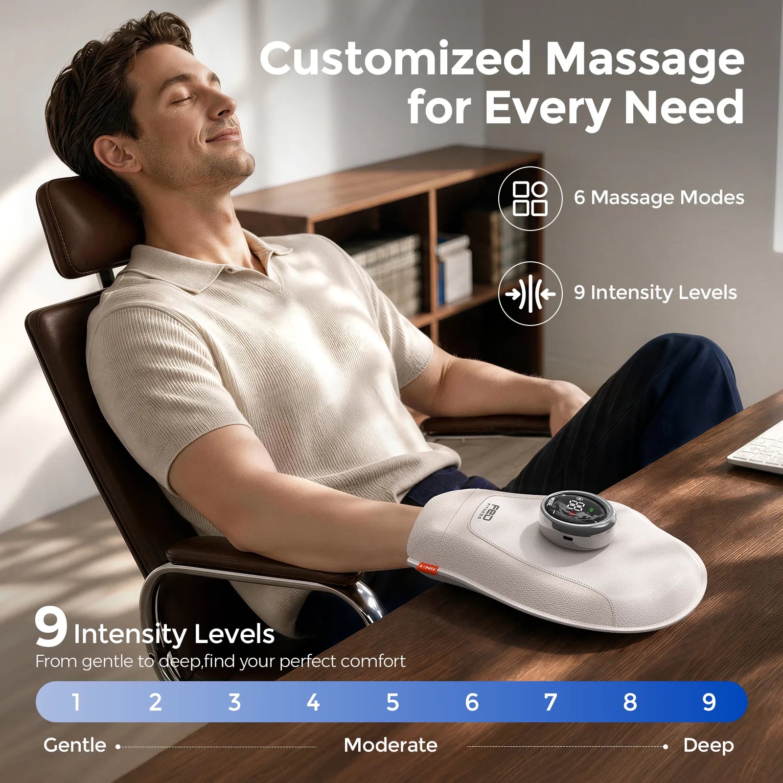 A man reclining in a brown office chair with a white handheld massage device on his arm, in a home office setting. Text overlays highlight 'Customized Massage for Every Need' and feature '6 Massage Modes' and '9 Intensity Levels' with a blue intensity slider at the bottom.