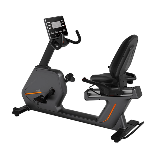 Recumbent bike with digital display on a white background