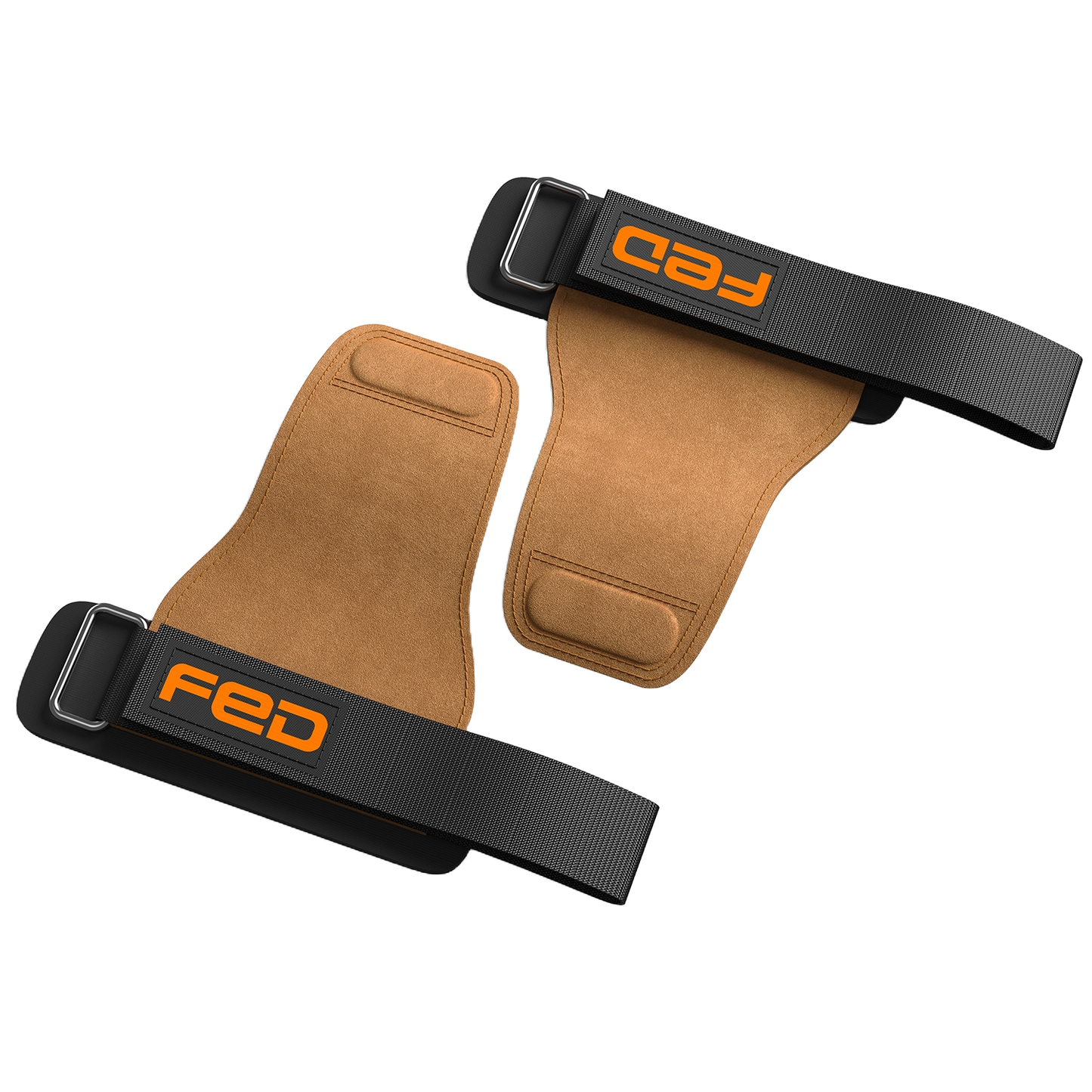 Pair of brown wrist wraps with black straps featuring 'FED' logo on a white background