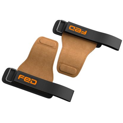 Pair of brown wrist wraps with black straps featuring 'FED' logo on a white background
