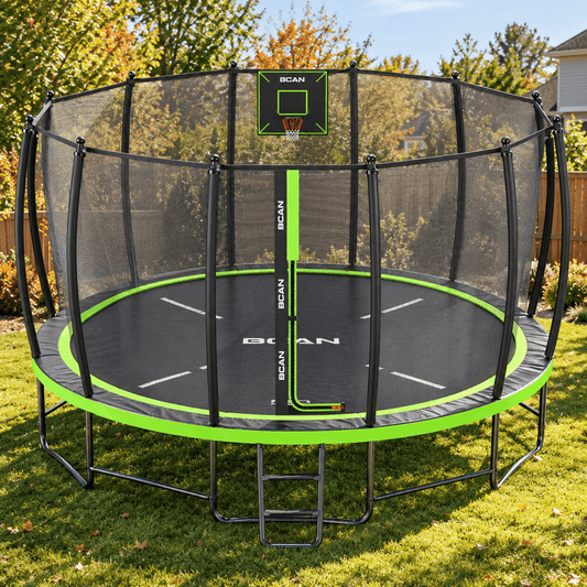 BCAN TR2 12FT trampoline with safety enclosure on a green lawn in a family backyard