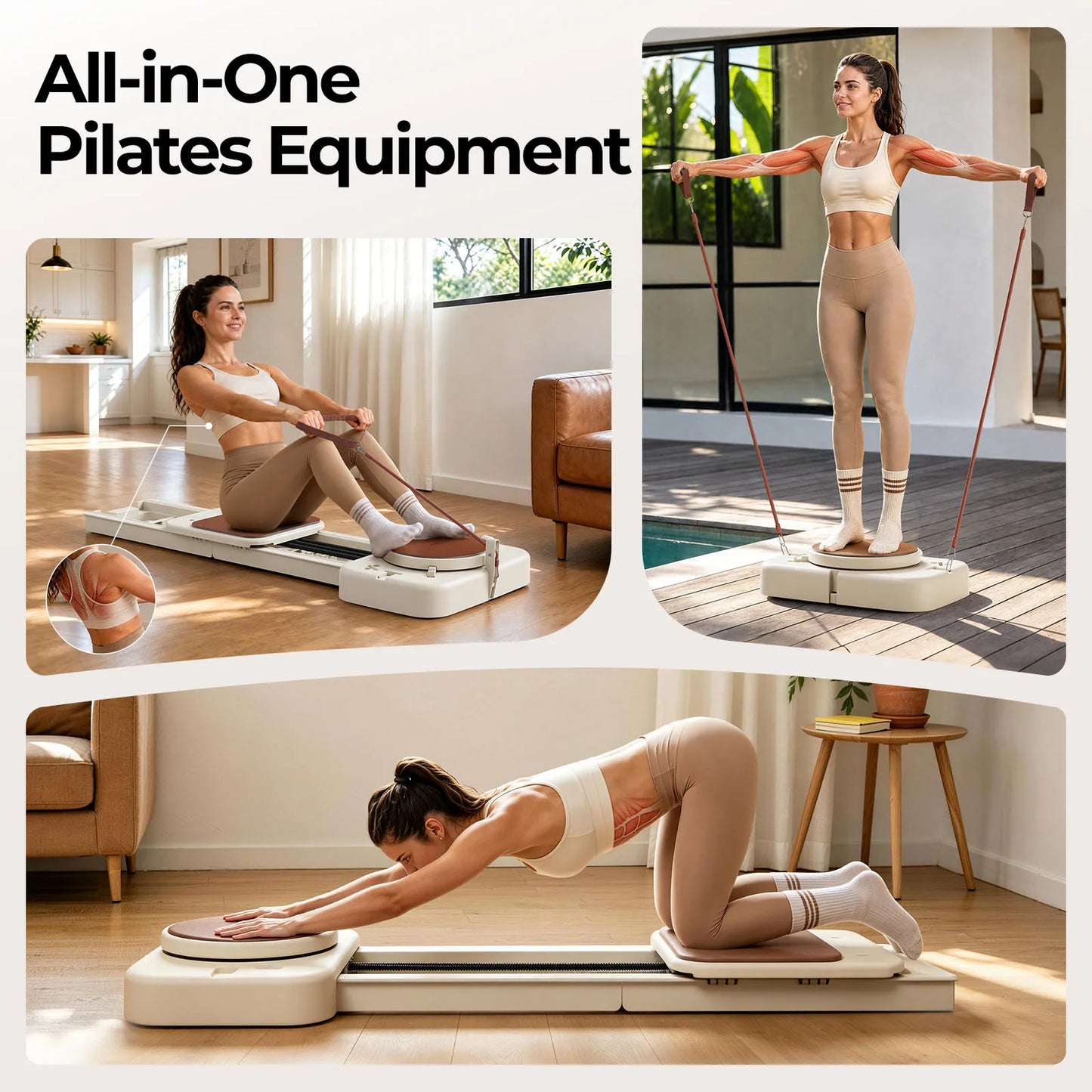 Woman using an All-in-One Pilates Equipment set in a home setting.