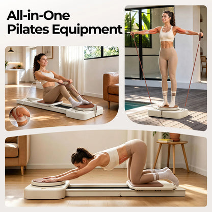 Woman using an All-in-One Pilates Equipment set in a home setting.