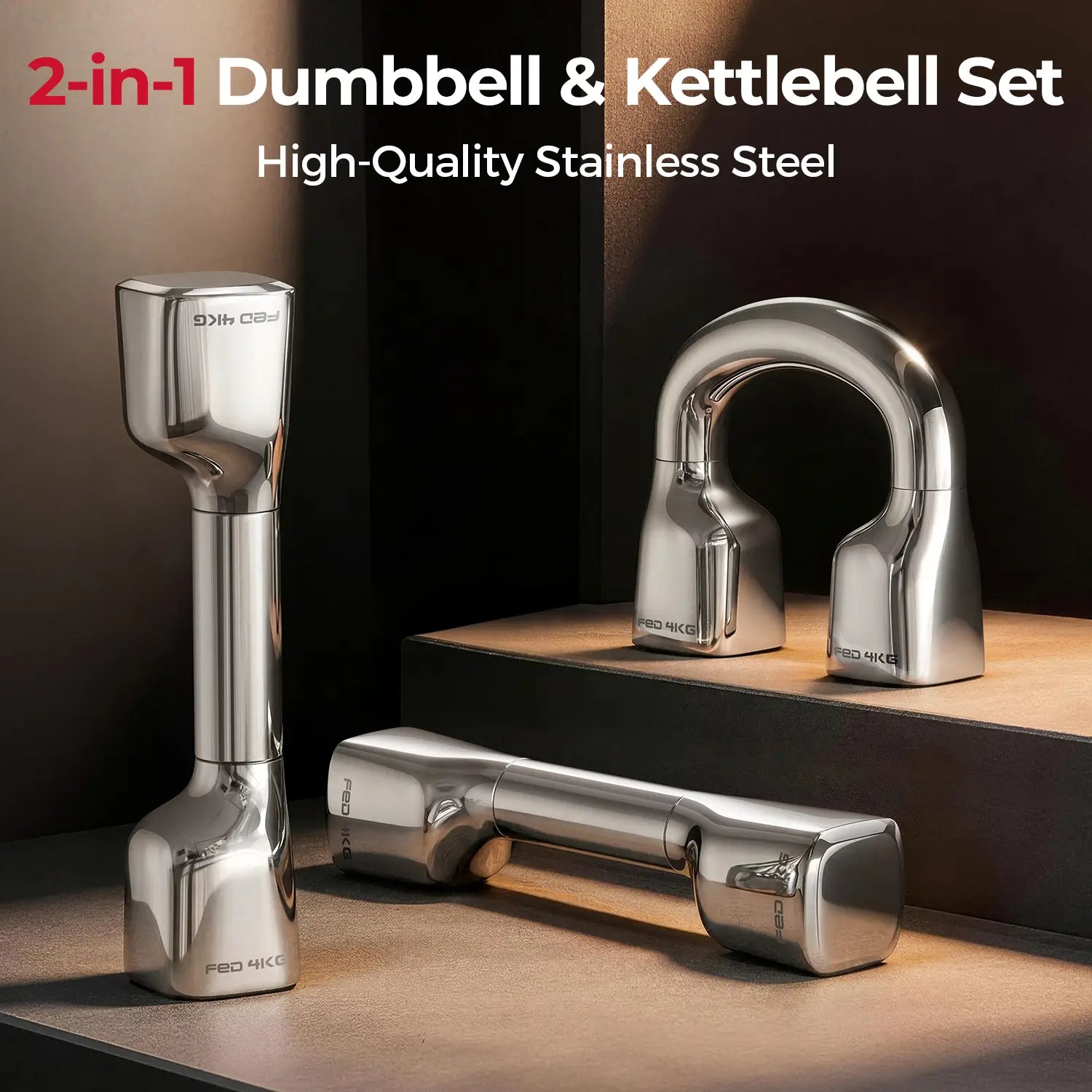2-in-1 dumbbell and kettlebell set with high-quality stainless steel on a wooden surface.