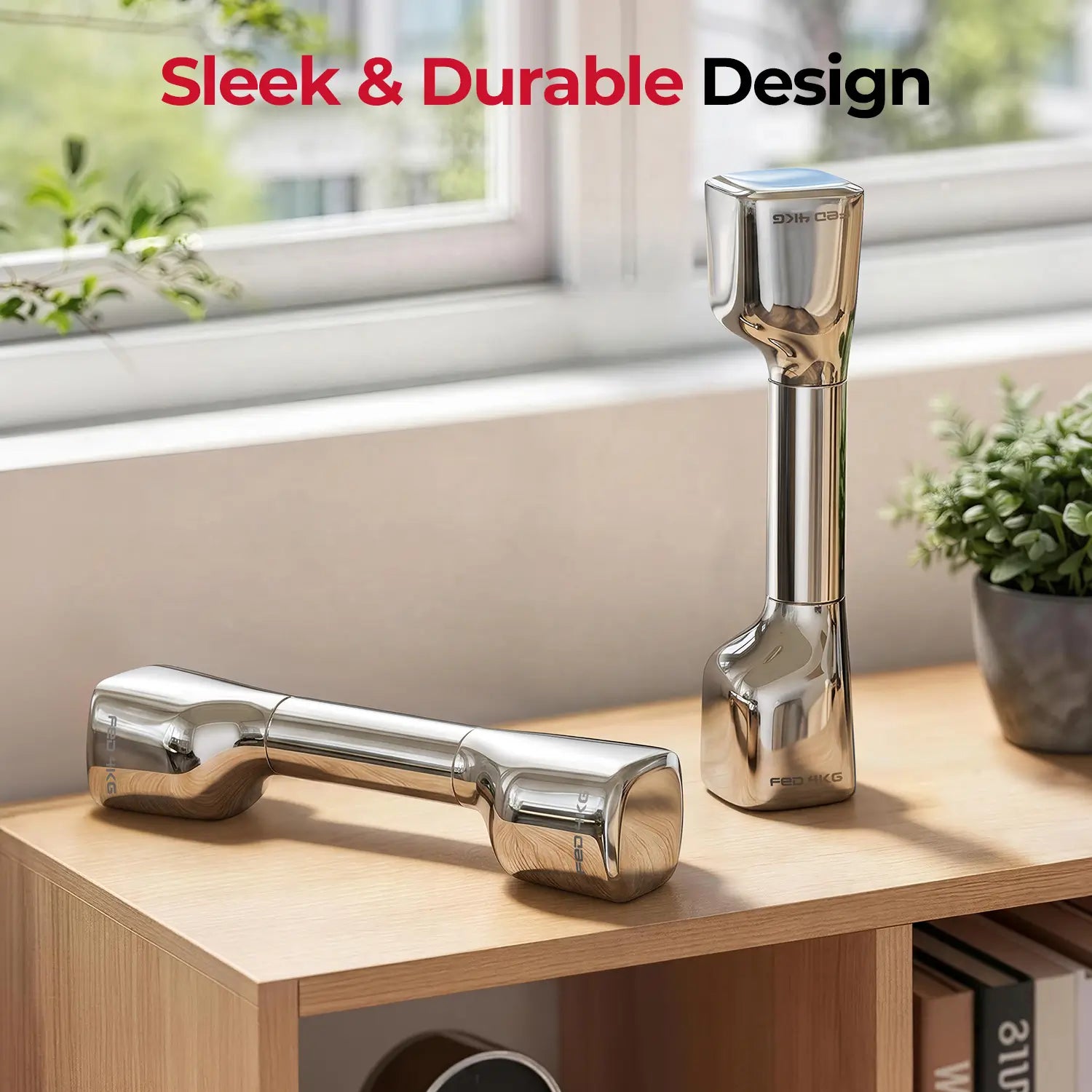 Silver dumbbells on a wooden surface with 'Sleek & Durable Design' text.