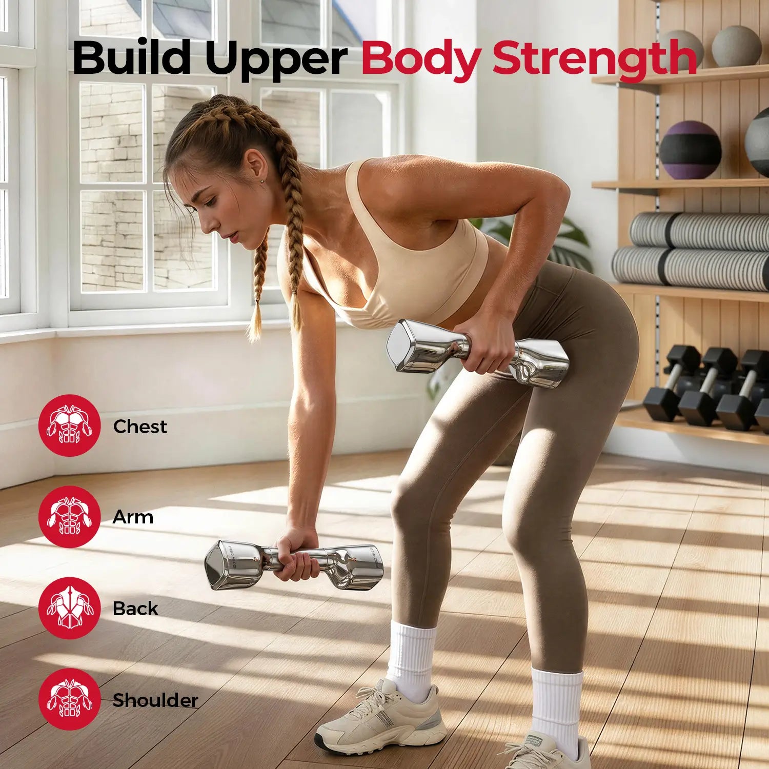 Woman exercising with dumbbells in a home gym setting, focusing on upper body strength.