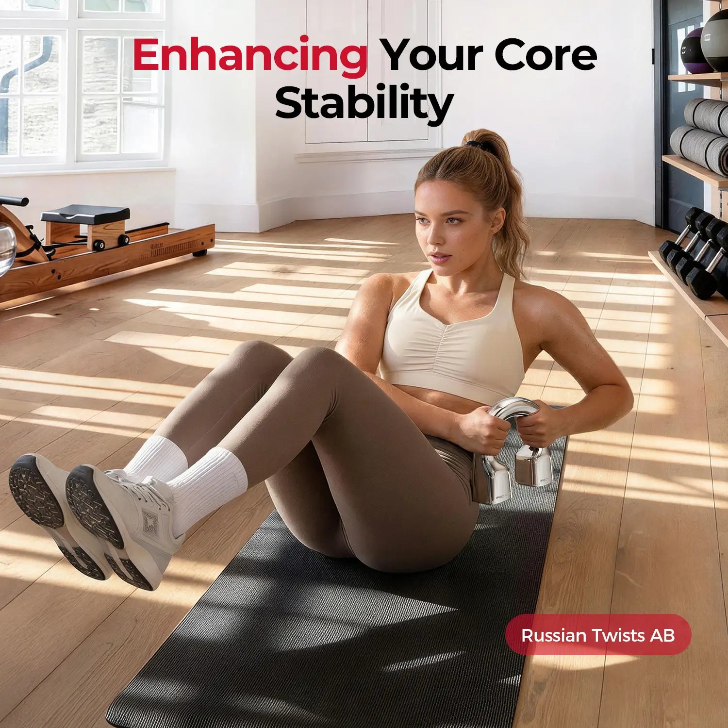 Woman exercising on a mat with text 'Enhancing Your Core Stability' and 'Russian Twists AB' in a gym setting.