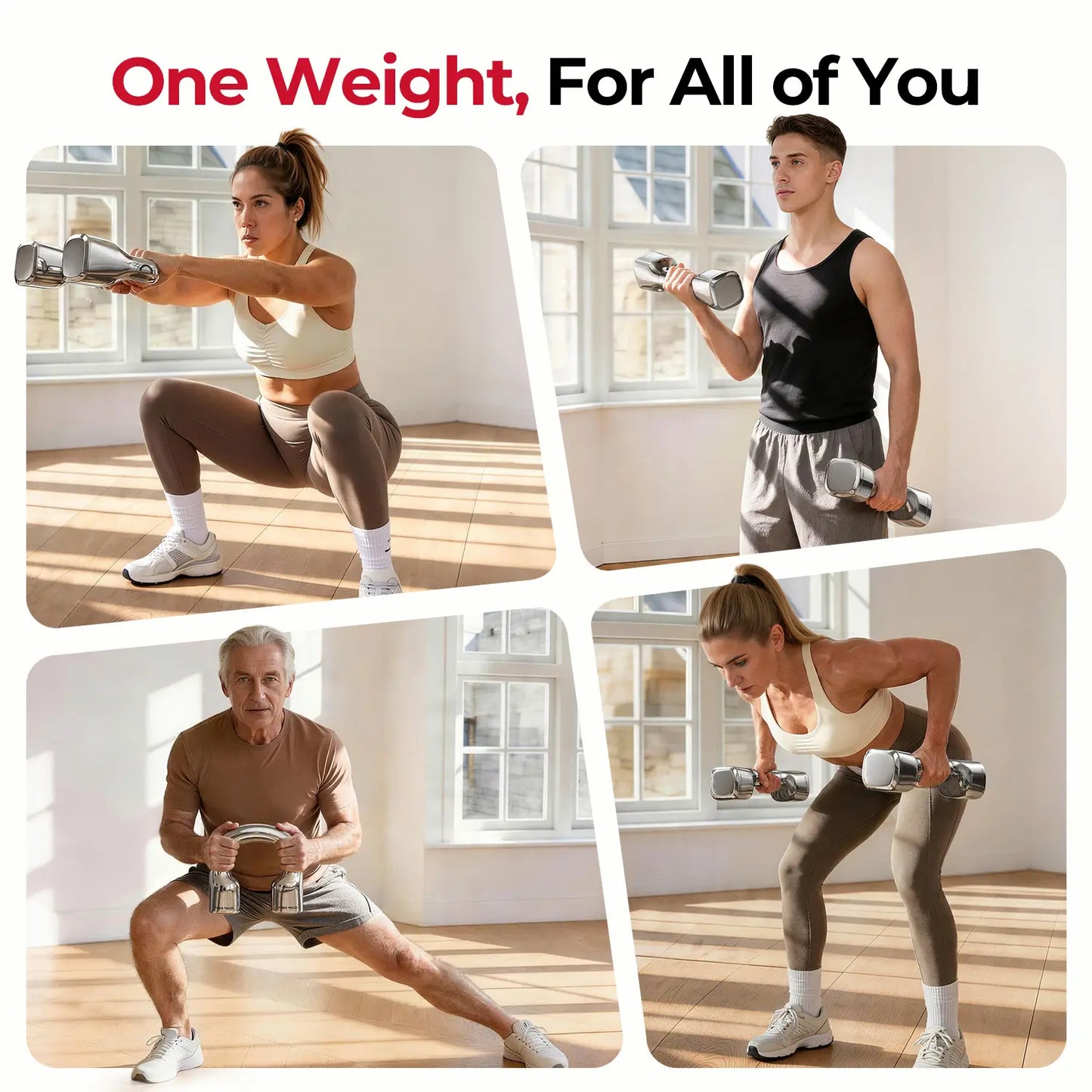 Four people exercising with weights in a home setting.