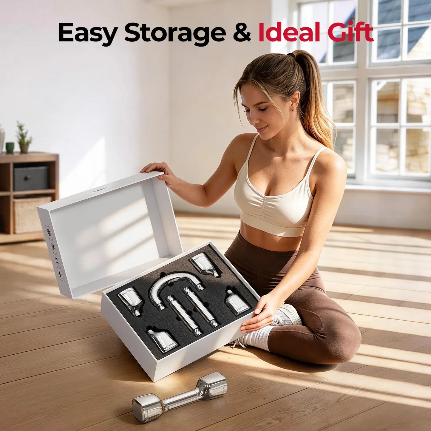 Woman opening a box containing kitchen utensils with text 'Easy Storage & Ideal Gift' in a bright room.