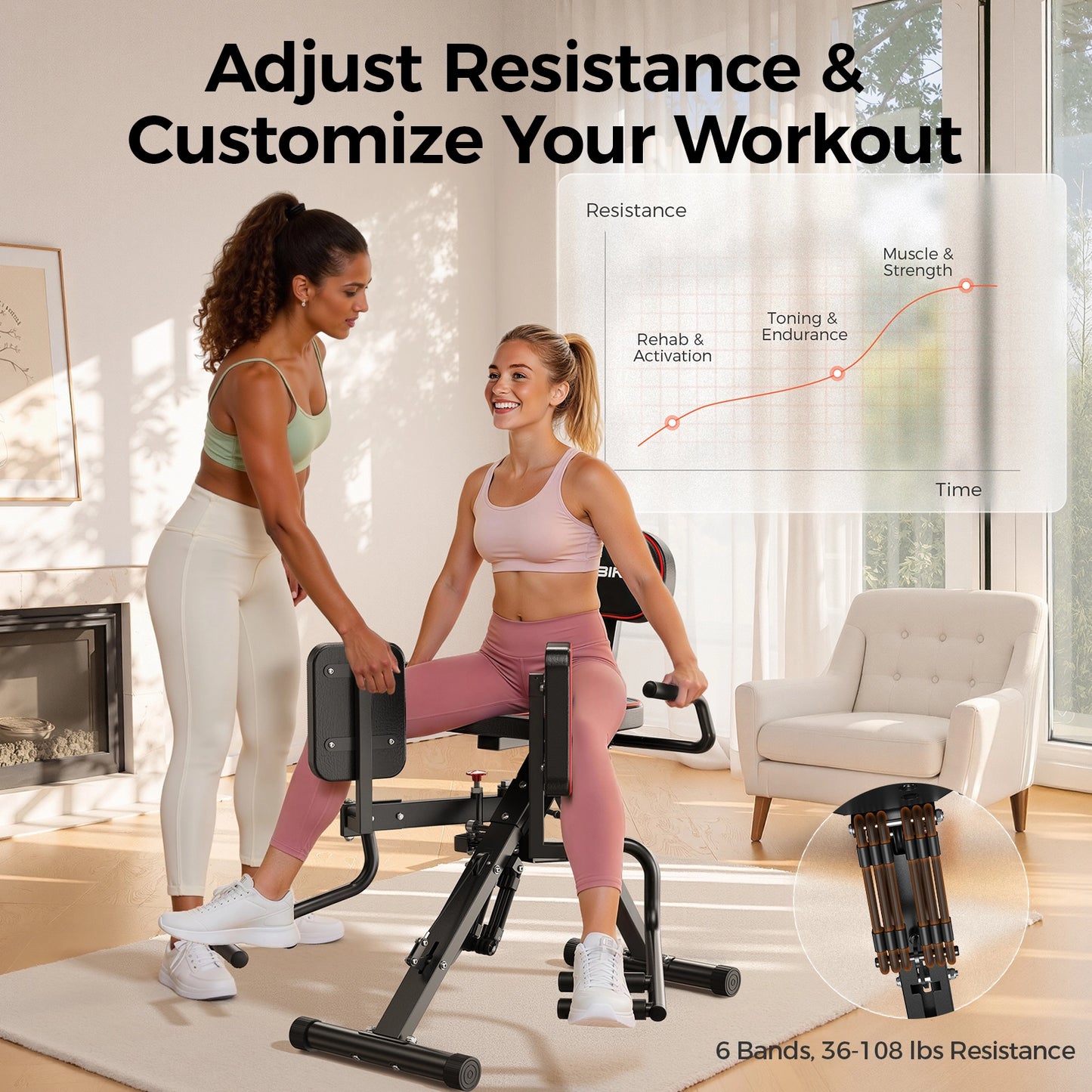 A women's adjustable leg extension gym machine shown in a bright living room with two women demonstrating use. One woman sits on the machine while the other adjusts the resistance settings on the handle.